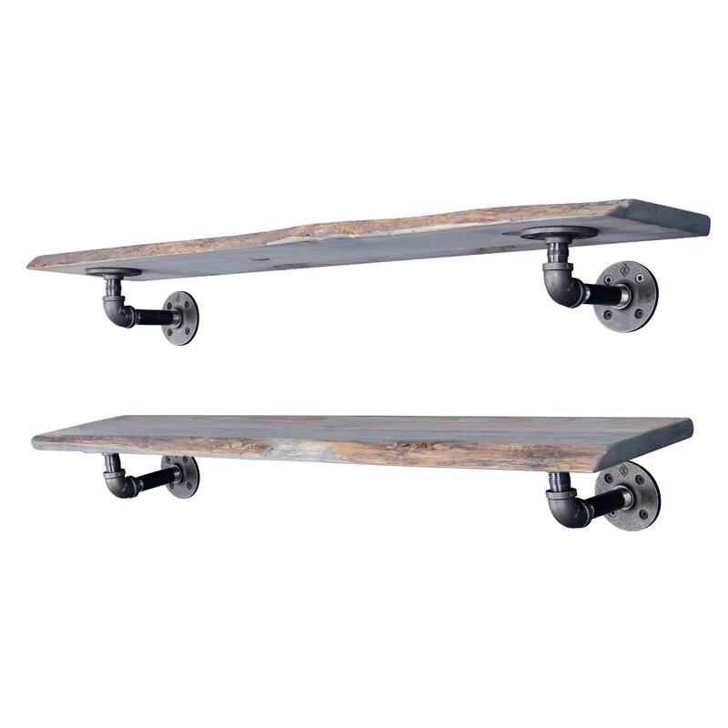 PIPE DECOR Live Edge Reclaimed Wood Shelf with Industrial Pipe Brackets, Set of 2 - 36 in. - Riverstone Grey