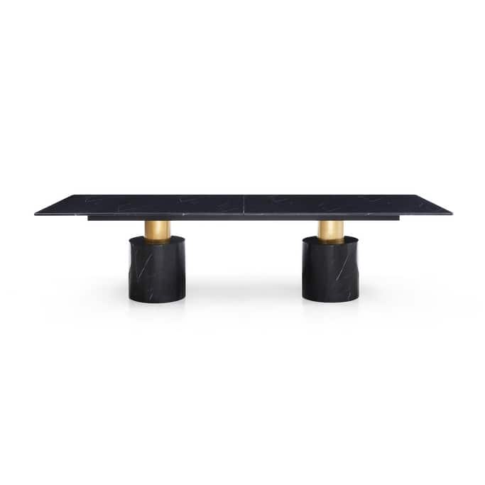 HomeRoots 180" Black and Gold Marble and Steel Double Pedestal Base Dining Table - 180.00 in. x 30.00 in. x 48.00 in.