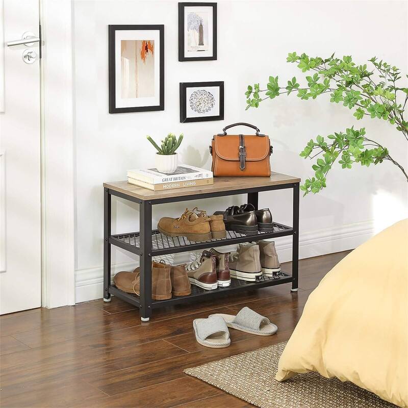 Shelf Storage Bench with Metal Mesh Shelves and Seat Free Standing - 11.8"D x 28.7"W x 17.7"H