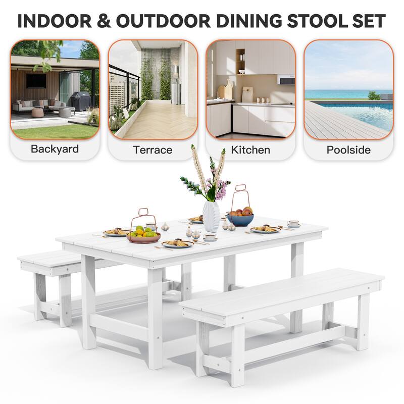3-Piece HDPE Outdoor Dining Set with Umbrella Hole Table and Two 2-Person Benches