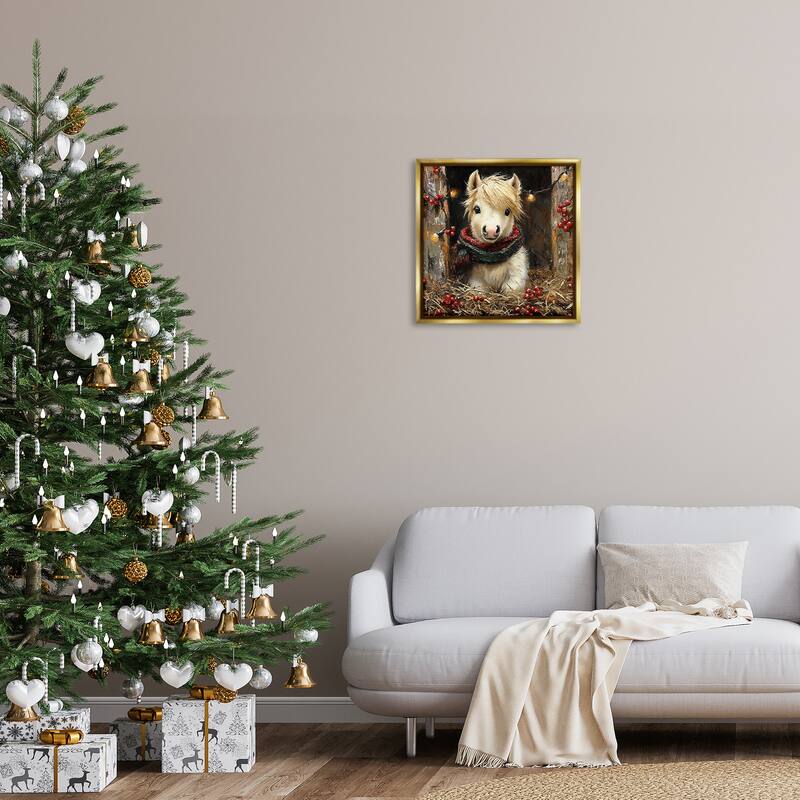 Stupell Horse Foal with Holly & Lights Framed Floater Canvas Wall Art Design By Riley B