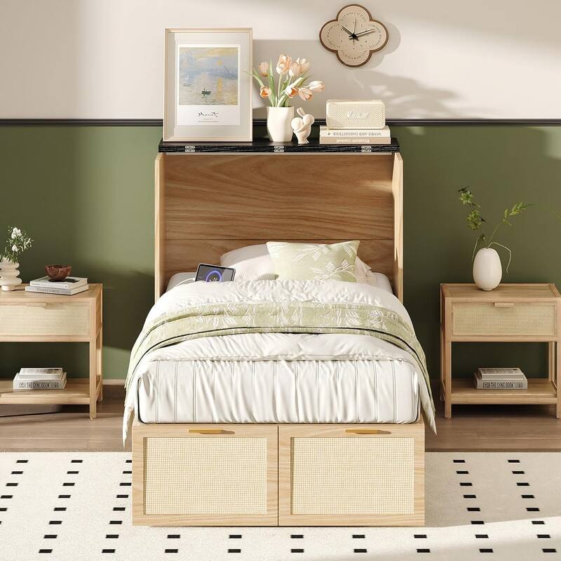 Rattan Murphy Bed with Storage Drawer, Space-Saving Cabinet Bed for Kids,Adults and Guests,Beige