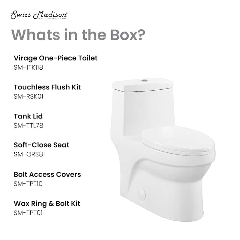 Tours One Piece Elongated Toilet With Touchless Retrofit Dual Flush 1.1/1.6 Gpf - 29.2" x 14.95" 28.4"