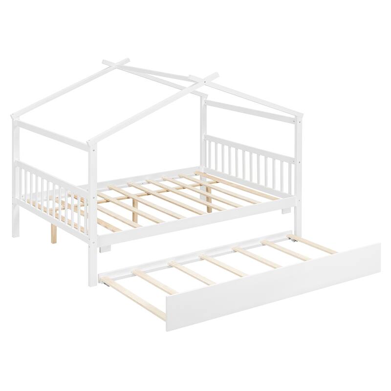 Full Size Wooden House Bed with Twin Trundle in White, Gray, Natural, Walnut