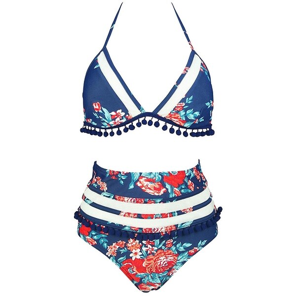 COCOSHIP Red Pink & Navy Blue Antigua Floral Fringe High Waist Bikini Set Pom... - 4. Opens flyout.
