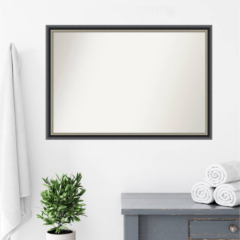 Theo Black Silver Non-Beveled Wood Framed Bathroom Vanity Wall Mirror - Theo Black Silver