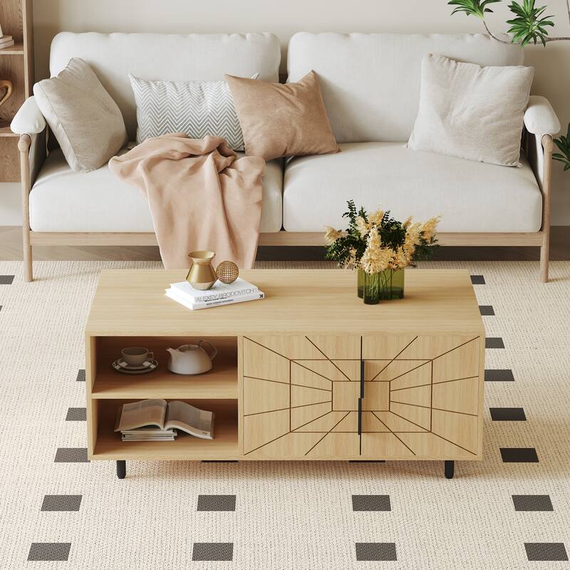 Modern Spider Web Texture Coffee Table Natural Wood Tone Geometric Art Coffee Table with Open Shelves, for Living Room
