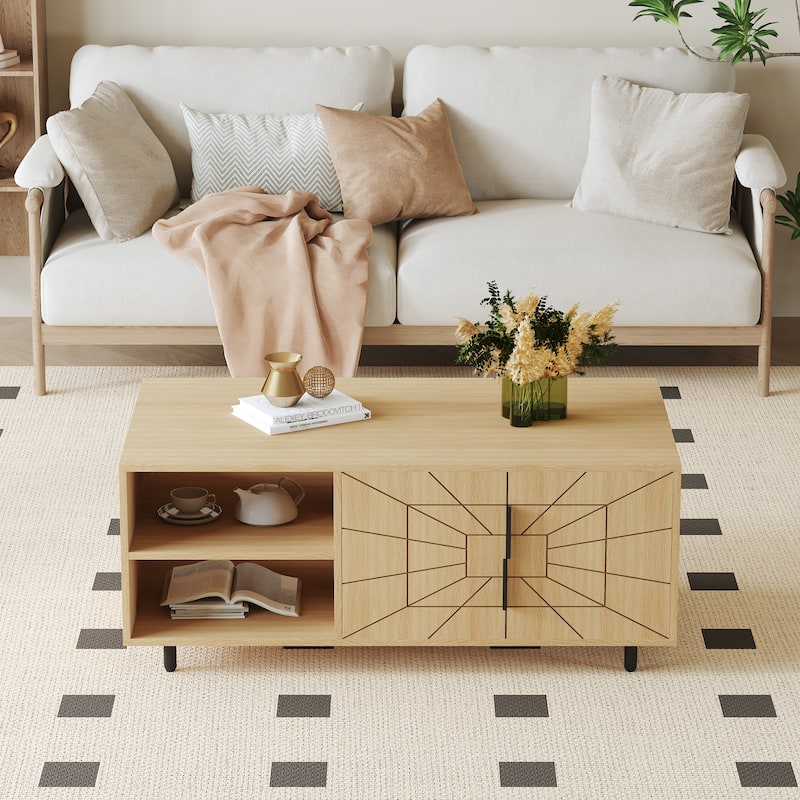 Spider Web Textured Coffee Table, Multi-functional Wooden Buffet Cabinet, Center Table with Open Shelves & Metal Legs