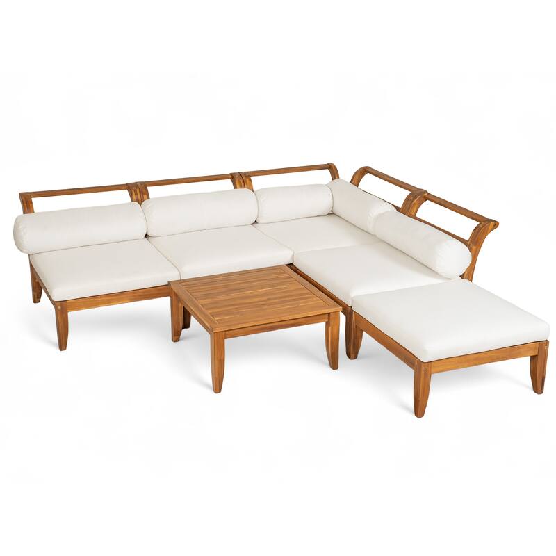 Outdoor Acacia Wood Sectional Set - 6-Piece Modular Patio Furniture with Daybed, Tea Table & Ottoman (Includes 5 Cushions)