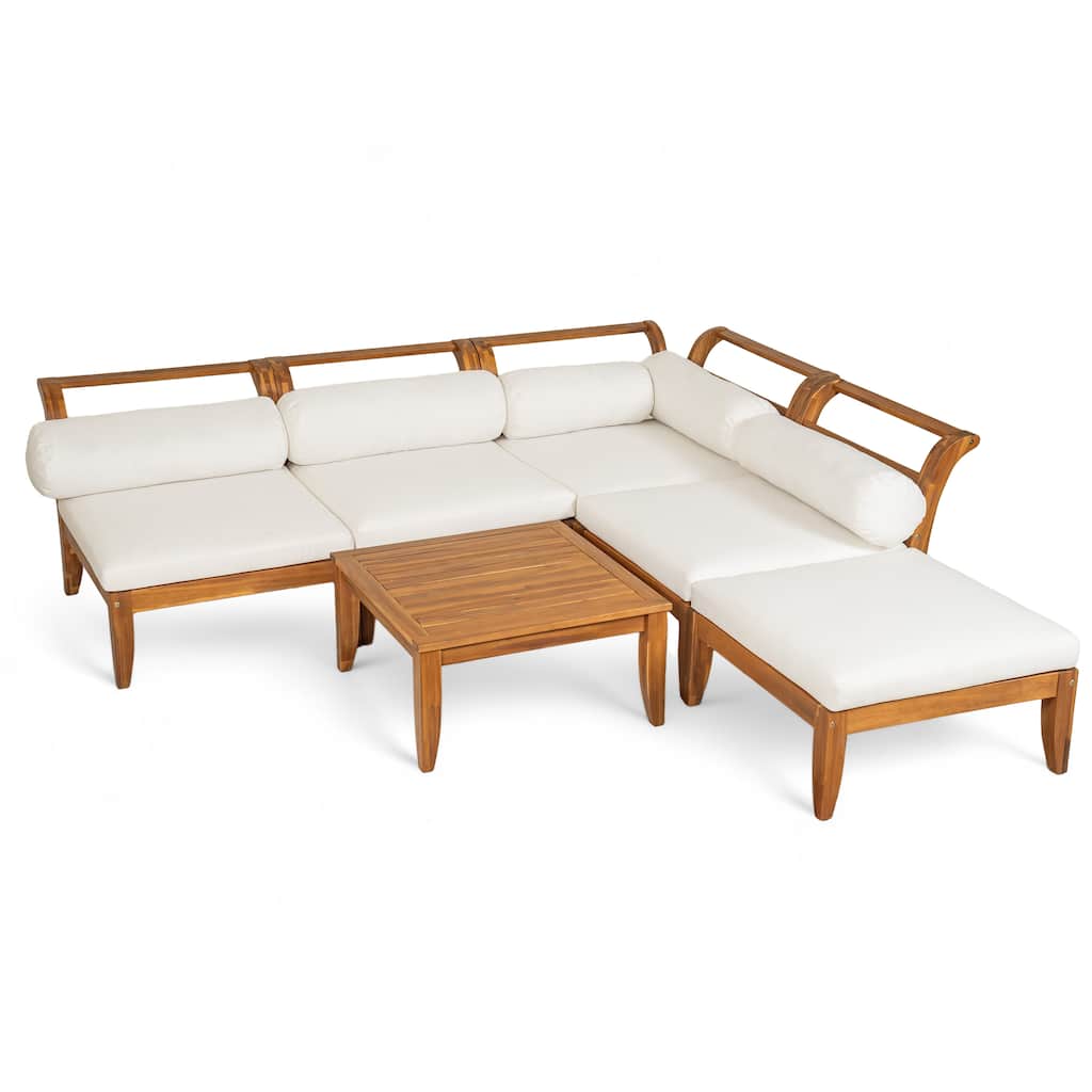Outdoor Acacia Wood Sectional Set - 6-Piece Modular Patio Furniture with Daybed, Tea Table & Ottoman (Includes 5 Cushions)