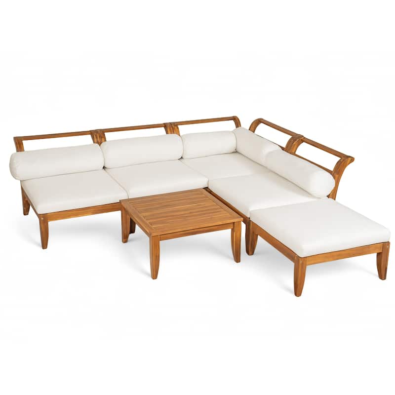 Roomfitters 6-Piece Acacia Wood Outdoor Sofa Set, L-Shaped Sectional with Table, Ottoman, Cushions & Pillows, Teak+Beige