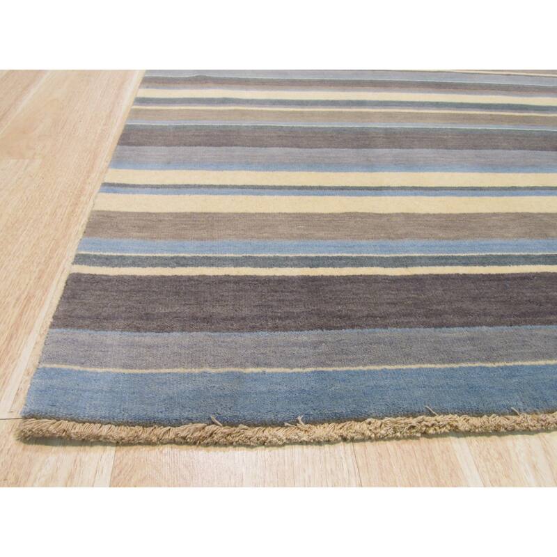 Blue/Brown Handmade Wool Transitional Striped Rug, 2' x 3', Small Accent for Home - L