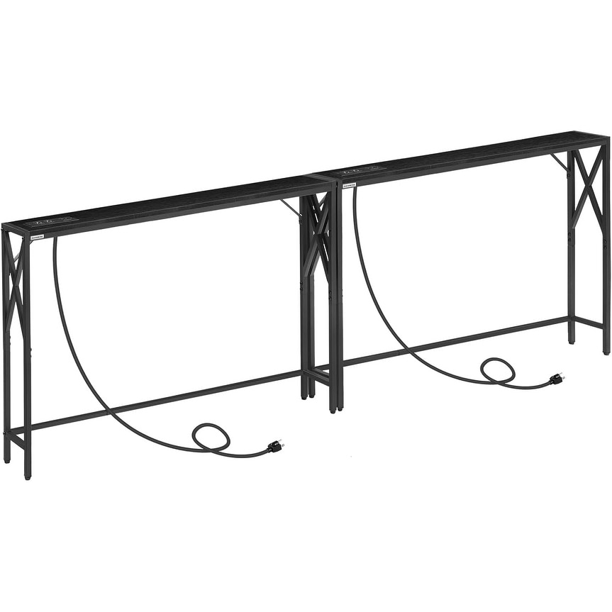 Narrow Sofa Table with Charging Station, Slim Console Table for Entryway, Hallway, Living Room, Black