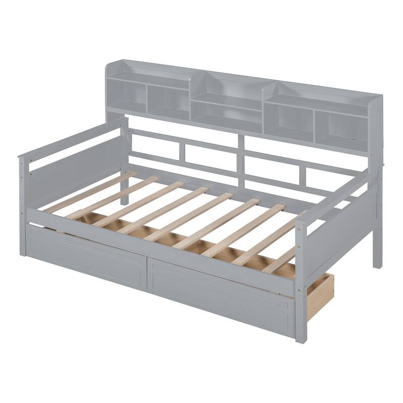 Twin Size Daybed with Wood Slat Support, Bedside Shelves, and 2 Storage Drawers - Gray - Twin