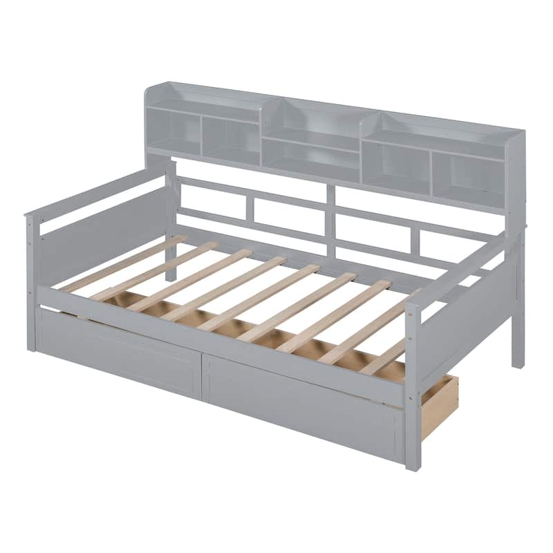 Wood Slat Support Daybed, with Bedside Shelves and Two Drawers