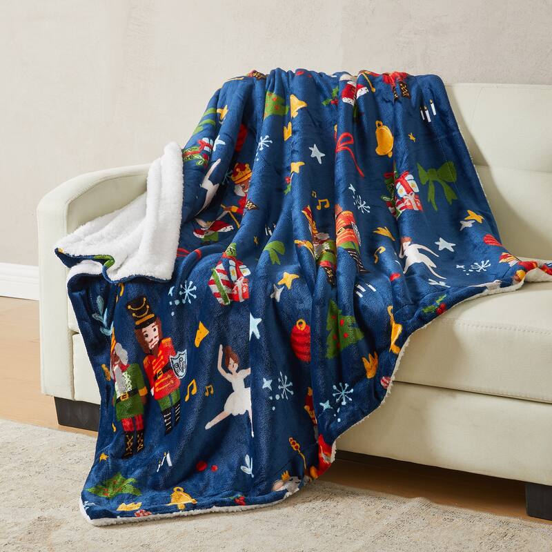 Linery & Co. Velvet Plush Fleece Reversible Sherpa Holiday Printed Throw.