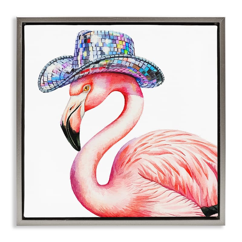 Stupell Disco Hat on Flamingo Framed Floater Canvas Wall Art Design By Amanda Greenwood - 25 x 25 - Grey