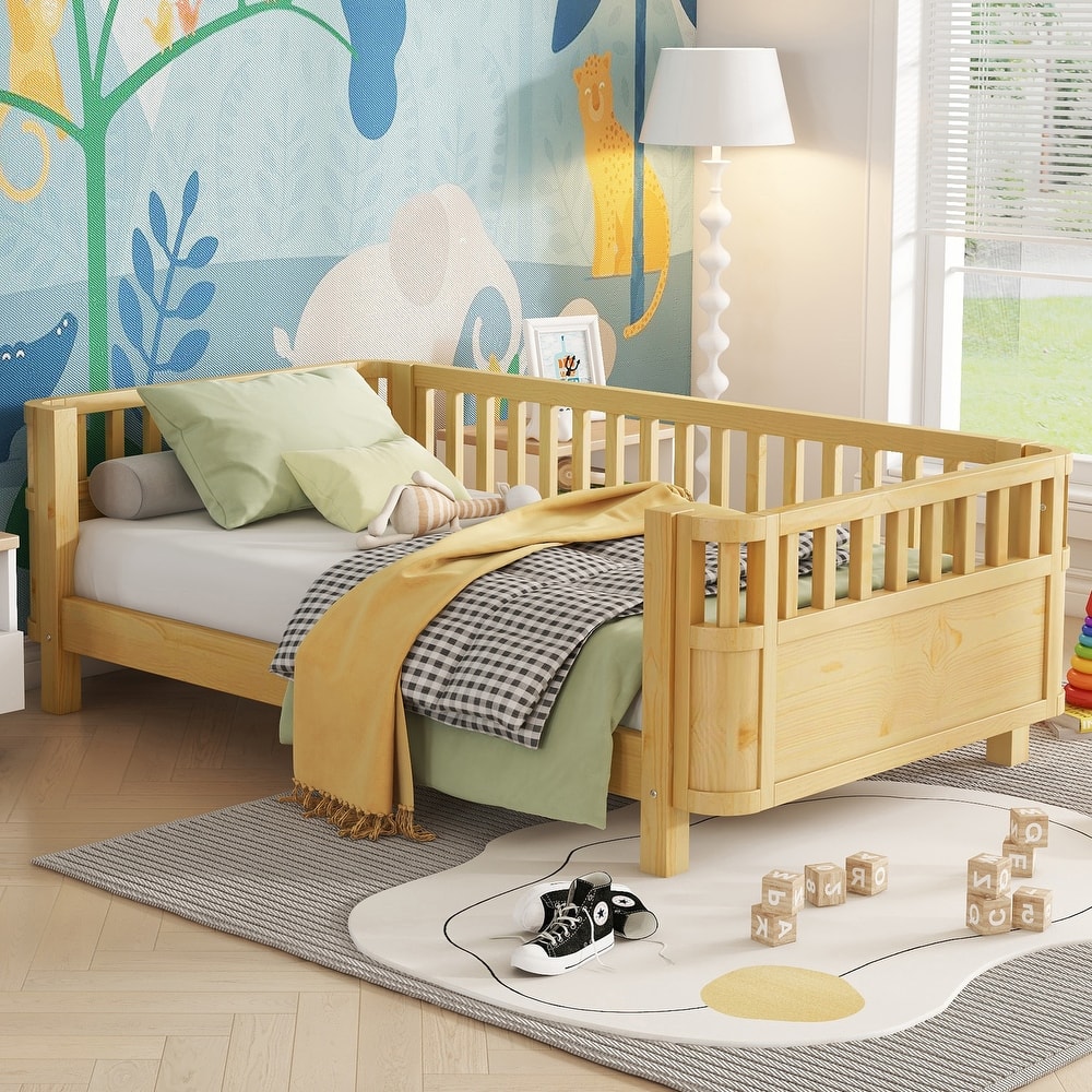 Kids Platform Bed Toddler Low Platform Wood Bed with Removable Guardrail, Rounded Corner Design Bed Frame to Protect Children