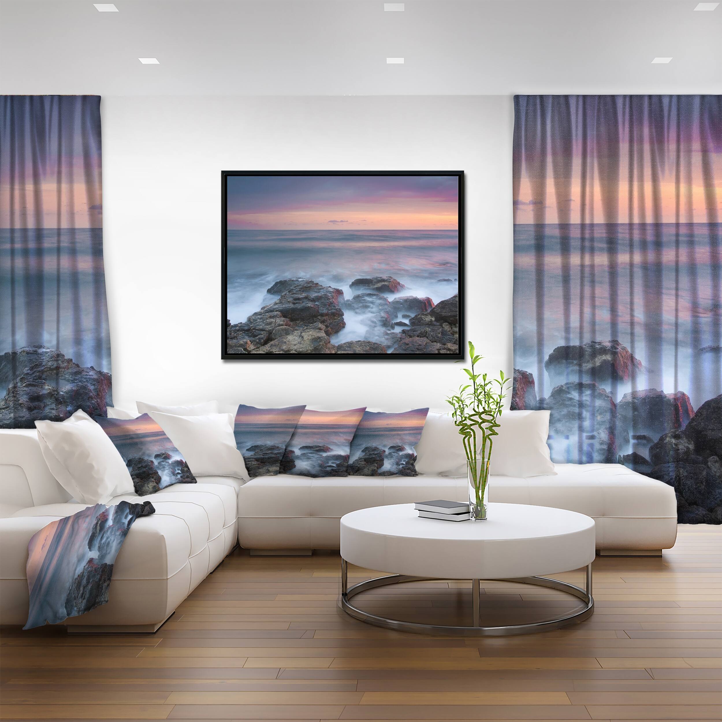 Designart "Blue Rocky Sea Beach Sunset" Modern Landscape Wall Art
