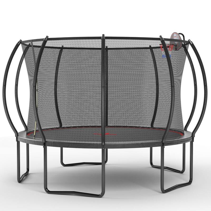 Kids Recreational Trampoline - Safety Enclosure Net, Ladder, Outdoor Backyard Use - Black+Red - 144