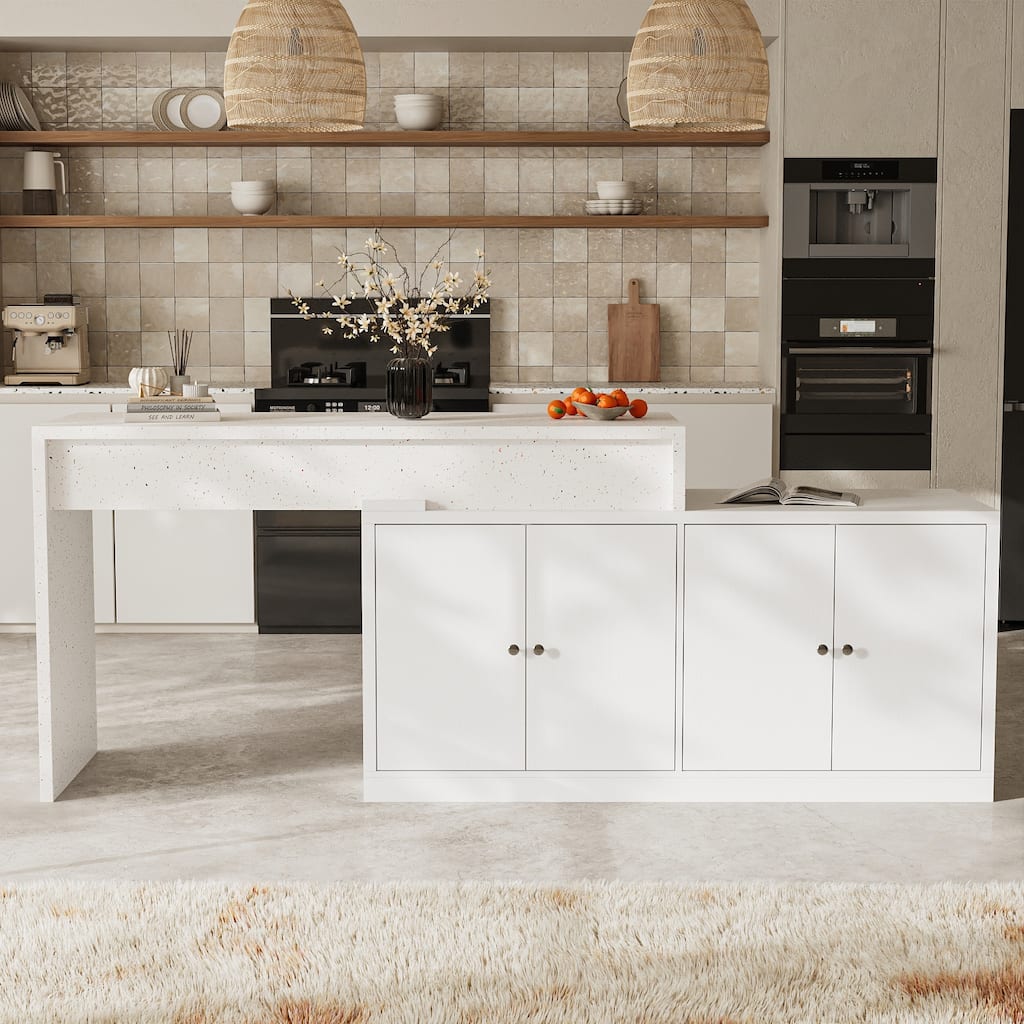 Modern Kitchen Island with Pull-Out Faux Marble Top, White Storage Cabinet with Large Capacity Shelves Kitchen Dining Table
