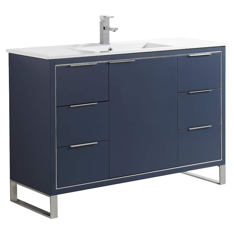 Fine Fixtures Opulence Collection Bathroom Vanity with White Ceramic Sink - 48 Inch - Navy Blue - Chrome Hardware
