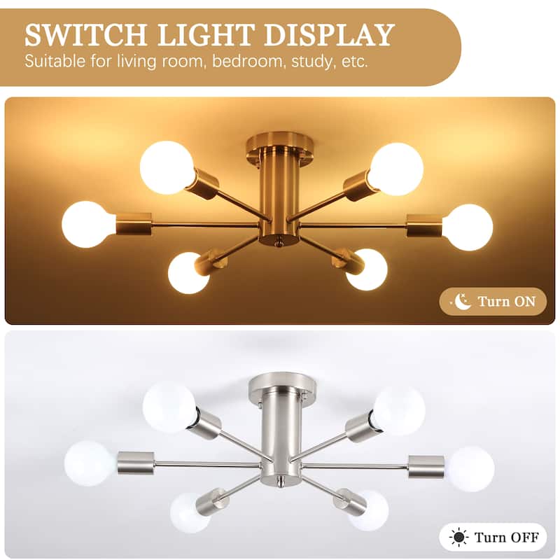 6-Light Modern Industrial Sputnik Semi-Flush Mount Ceiling Light - N/A
