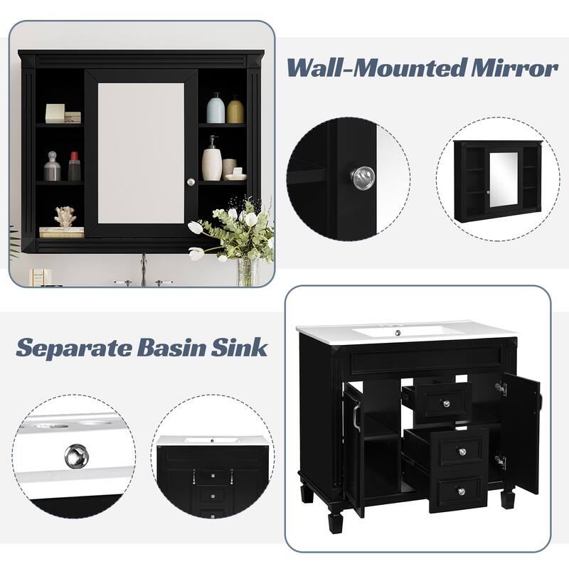 36" Bathroom Vanity with Mirror Cabinet, Ceramic Sink, Black Storage Cabinet with Soft-Close Doors & Drawers