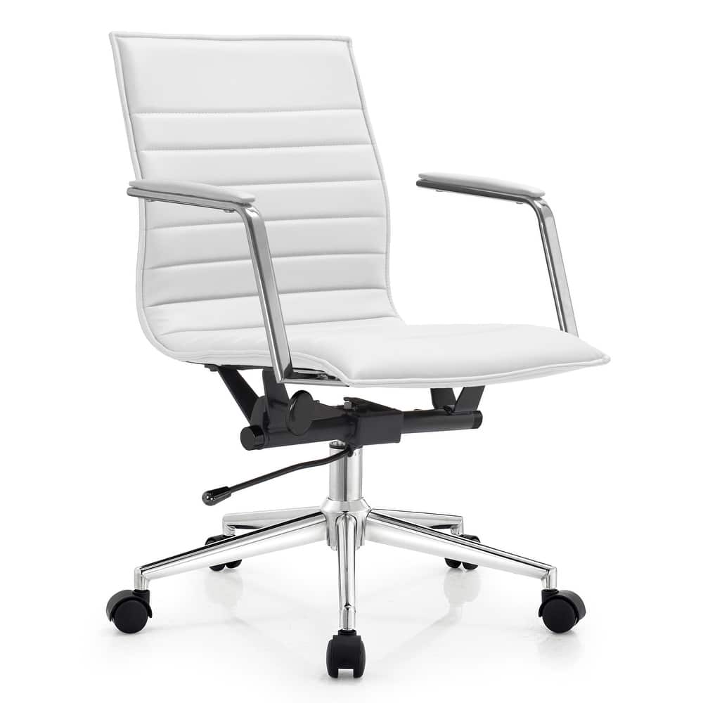 Modern Office Desk Chair | Upholstered PU Leather Ribbed Mid Back with Metal Frame | Adjustable Height, Tilt Lock