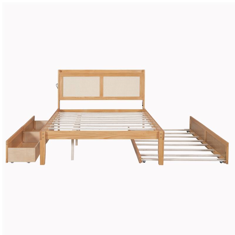 Elegant Bed Frame with Rattan Headboard and Sockets