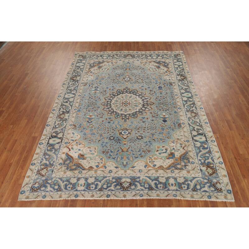 Traditional Blue Tabriz Persian Vintage Area Rug Handmade Wool Carpet - 7'1" x 9'8"