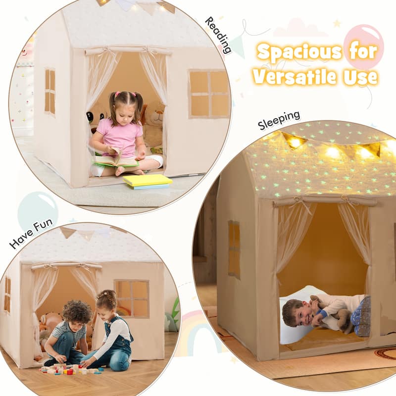 Beige Flannel Kids Playhouse with Glow Stars, Lights, Mesh Windows and Mat - 47" x 41" x 51" (L x W x H)