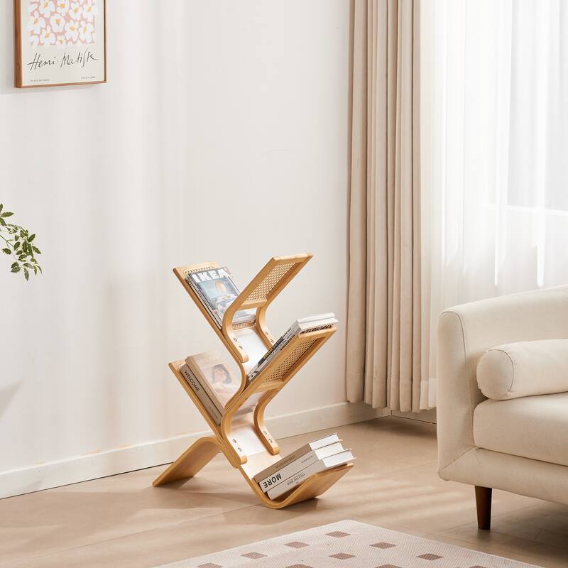 Rattan Tree Bookshelf 6-Tier Freestanding Bookcase for Living Room - 23.2"w x 7.9"d x 24"h