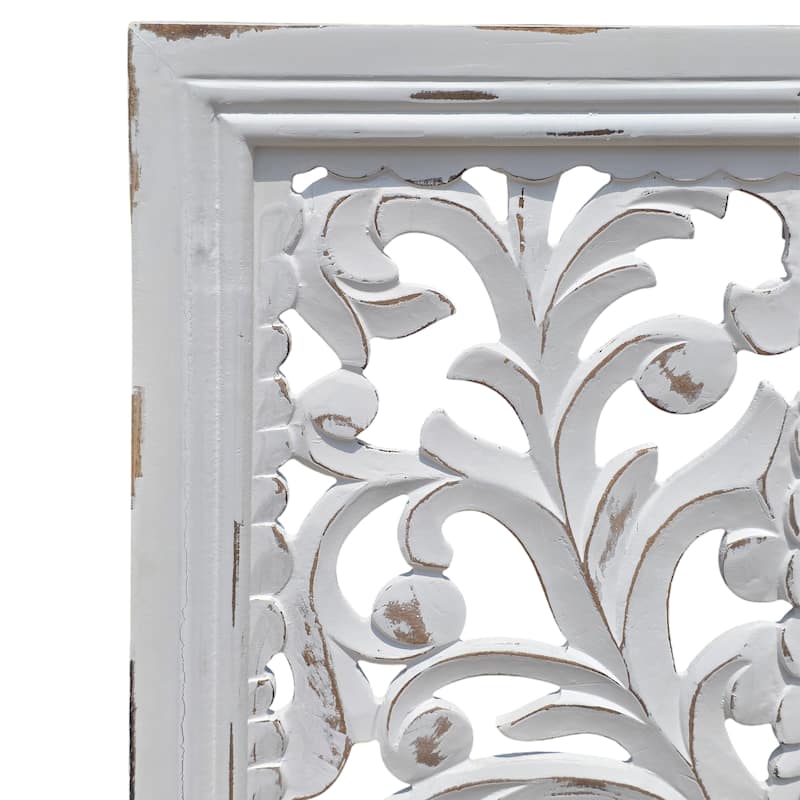 Ozy Carved Wall Art Panel Set of 2, Handcrafted Distressed White Mango Wood, 50 Inch Tall