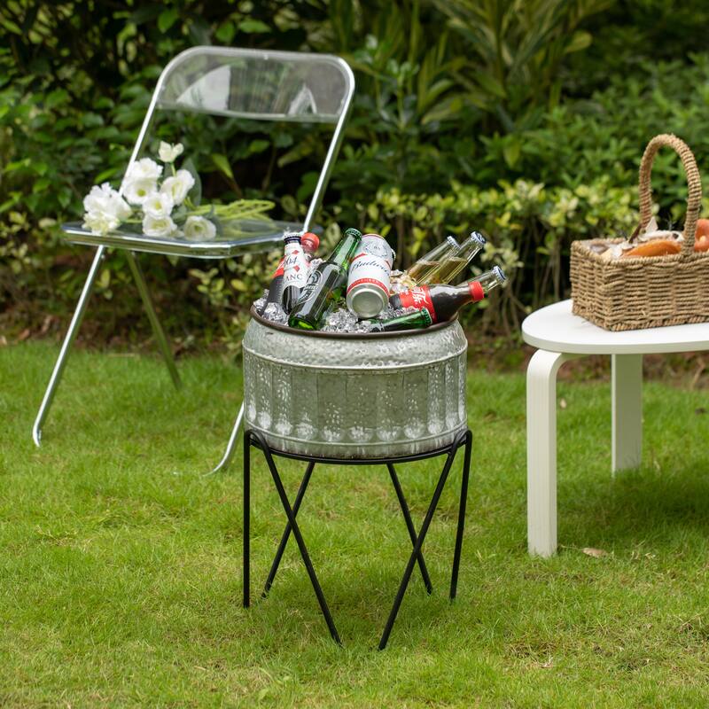 Silver Galvanized Metal Ice Bucket Beverage Cooler Tub with Stand