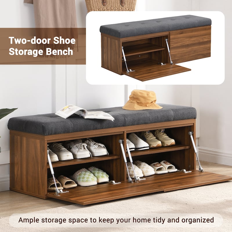 Wooden Shoe Storage Bench Entryway Tufting Bench w/ Adjustable Shelves聽