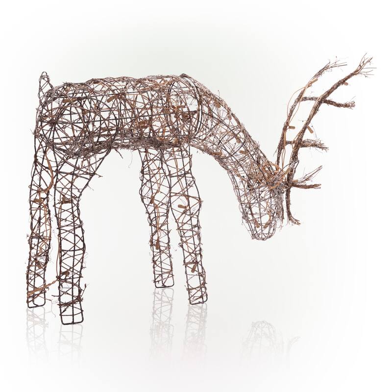 Alpine Corporation Outdoor Rattan Grazing Christmas Reindeer Lawn Decoration with White Halogen Lights