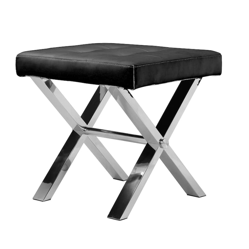 Tia 20 Inch Accent Stool Ottoman, Black Faux Leather, Polished Chrome Legs