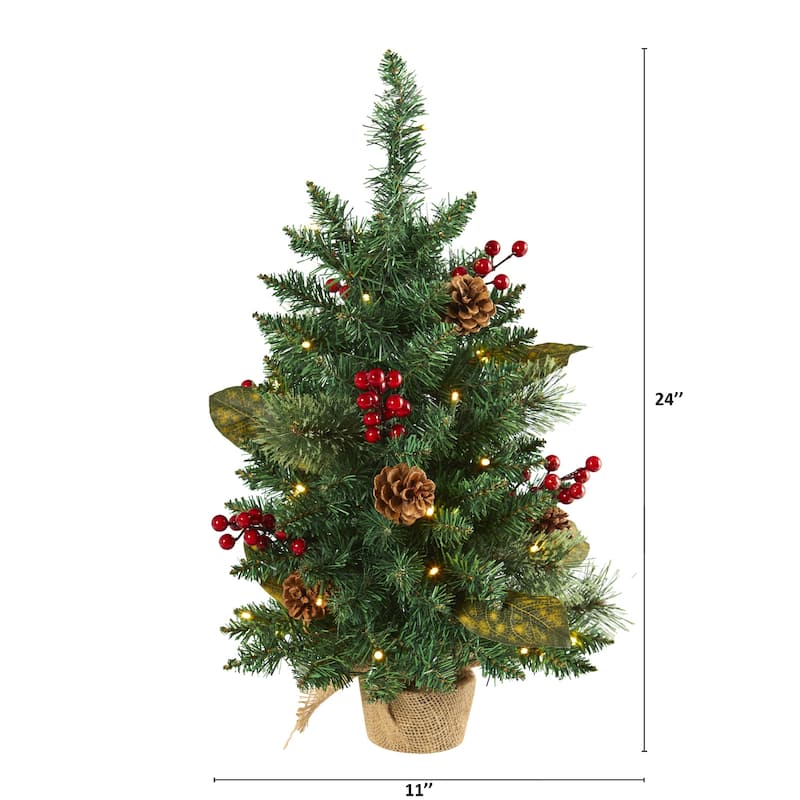2ft. Pine, Pinecone & Berries Artificial Christmas Tree with 35 LED Lights & 86 Branches - Compact Holiday X-Mas Accent