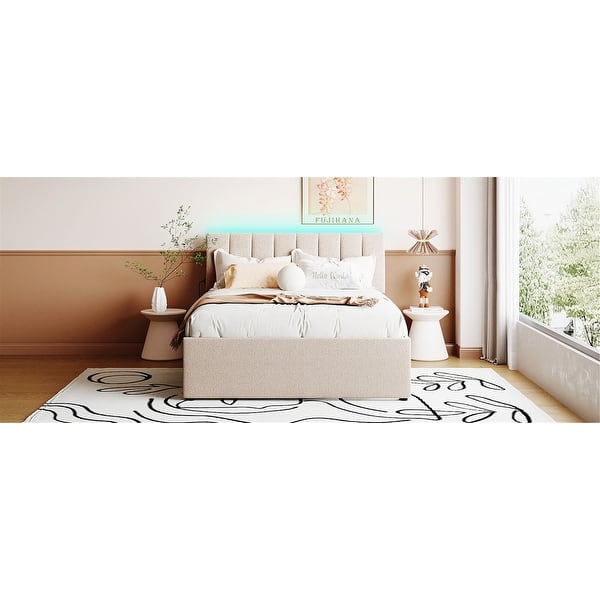 slide 2 of 30, Comfortable Upholstered Platform Bed with Smart LED Lights and Extra Trundle