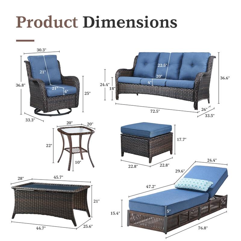 Gymojoy Luxury Outdoor Wicker Patio Furniture with 3 Seat Sofa, Chaise Lounge Chair，Swivel Chair, Rattan Coversation Set