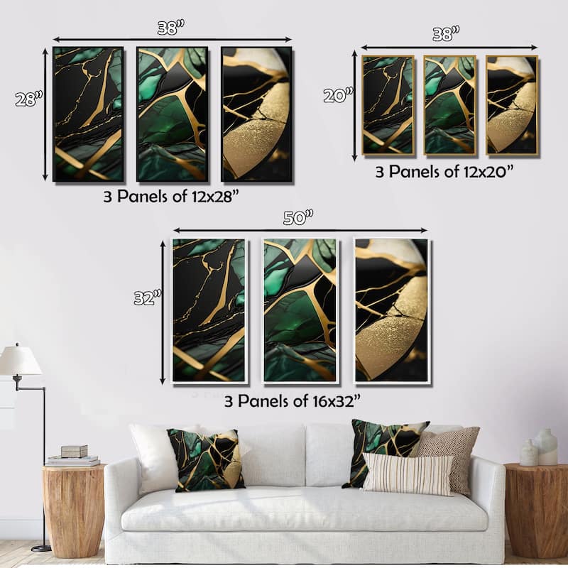 Designart "Abstract Geode Green III" Abstract Marble Framed Canvas Art Print - 3 Panels