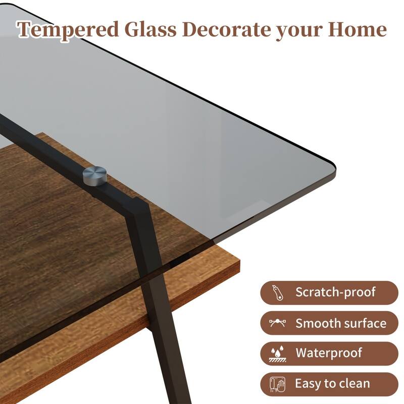 38.58" Tempered Glass Tabletop Rectangle Coffee Table with Metal Legs