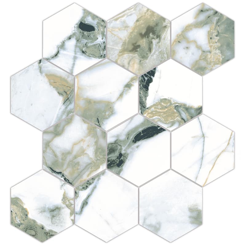 Merola Tile Touche 4" Hex Jade 11-3/4" x 13-5/8" Porcelain Mosaic Floor and Wall Tile - (1 Tile)