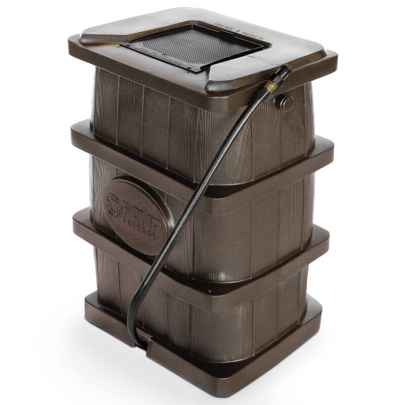 FCMP Outdoor WG4000 45 Gal Wood Grain Rain Water Catcher Barrel Container, Brown - 17 x 22 x 32 inches - 17 x 22 x 32 inches