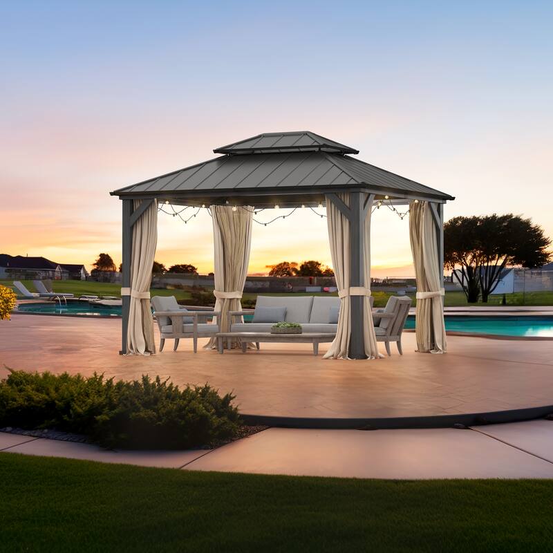 Outdoor Hardtop 12 x 14 Pergola Steel Double Roof Gazebo with Curtains For Patio, Backyard, or garden