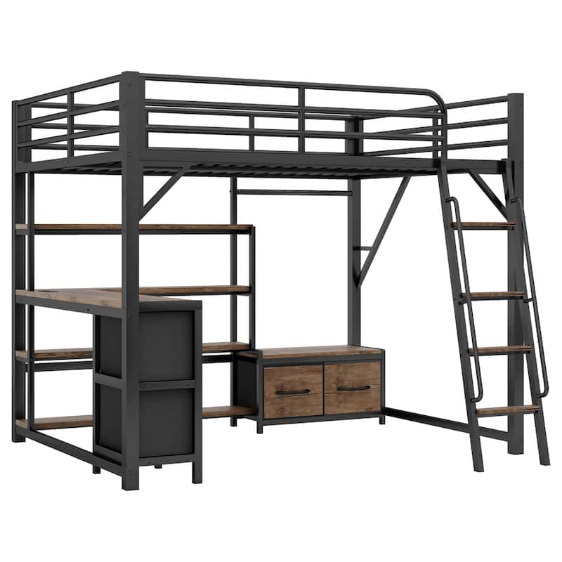 Queen Size Loft Bed with Desk, LED, Storage Shelves, Wardrobe, and Drawers for Space Efficiency