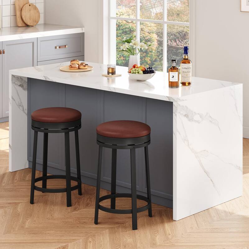 Swivel Bar Stools, Set of2/ 4 Bar Chairs, 61 cm High Kitchen Counter Stools with Faux Leather Seat and Sturdy Metal Frame - Brown - 2PC