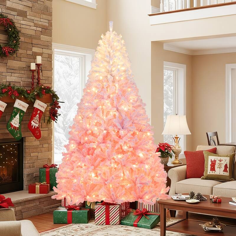 Gymax Artificial Christmas Tree Hinged Snow Flocked Xmas Tree w/ - Pink, White