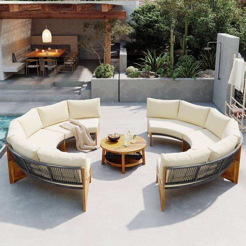 Patio 3 Piece Sofa Conversation Set, 6-Person Outdoor Seating Group w/ Cushions & Coffee Table, Half Moon Patio Furniture Sets